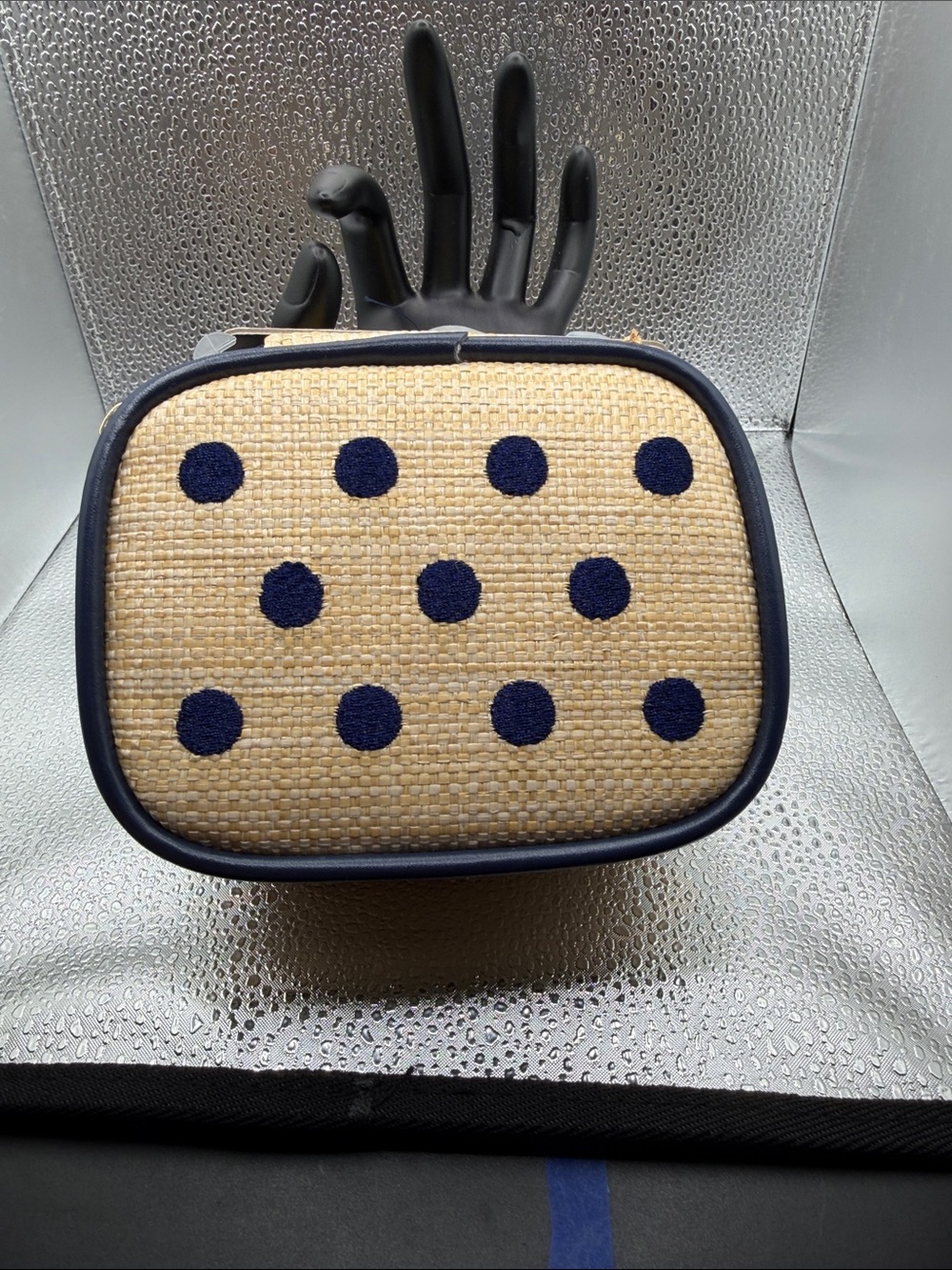 Navy Dot Straw Pill Case- Women